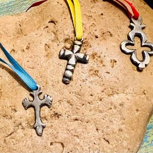 Silver Cross Charm Pendants with Colorful Ribbons